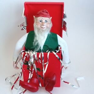 Antique Wind Up Musical Festive Elf in Red Box with Silver Metallic Streamers